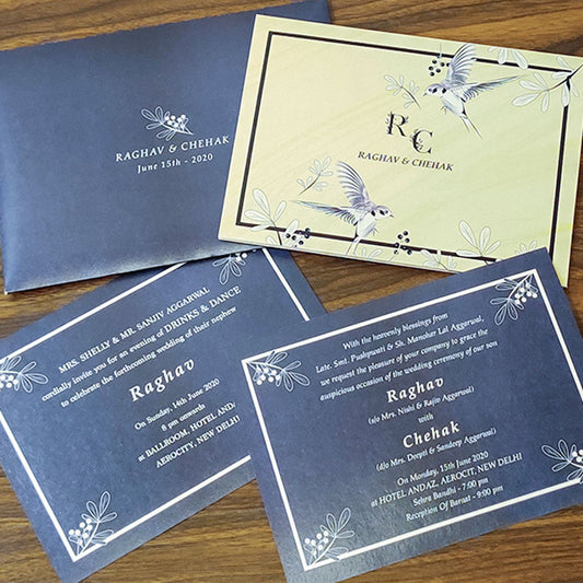Blue & Beige Flock of Birds Set Wedding Invitation