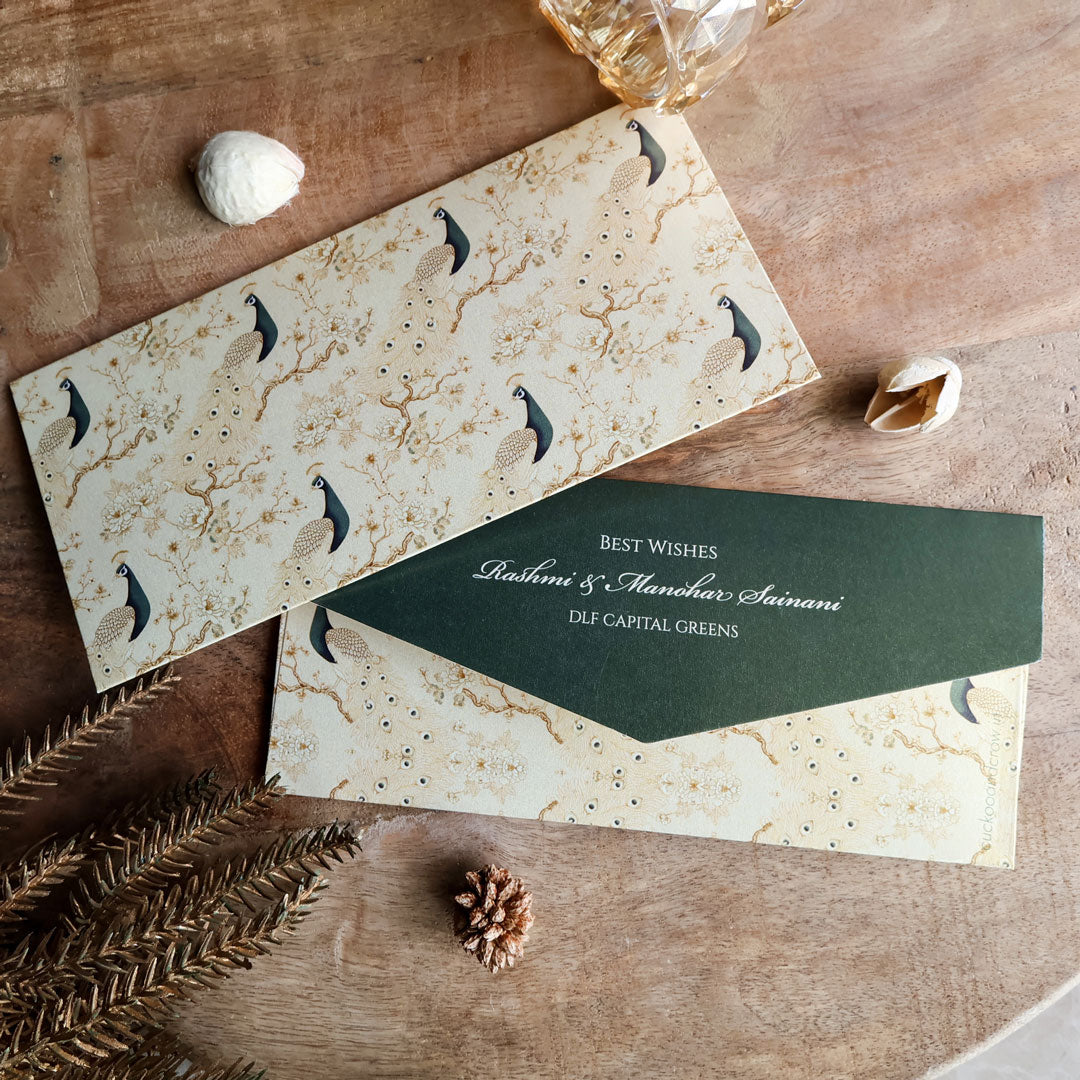 Beige & Green Peacock Set of Money Envelopes